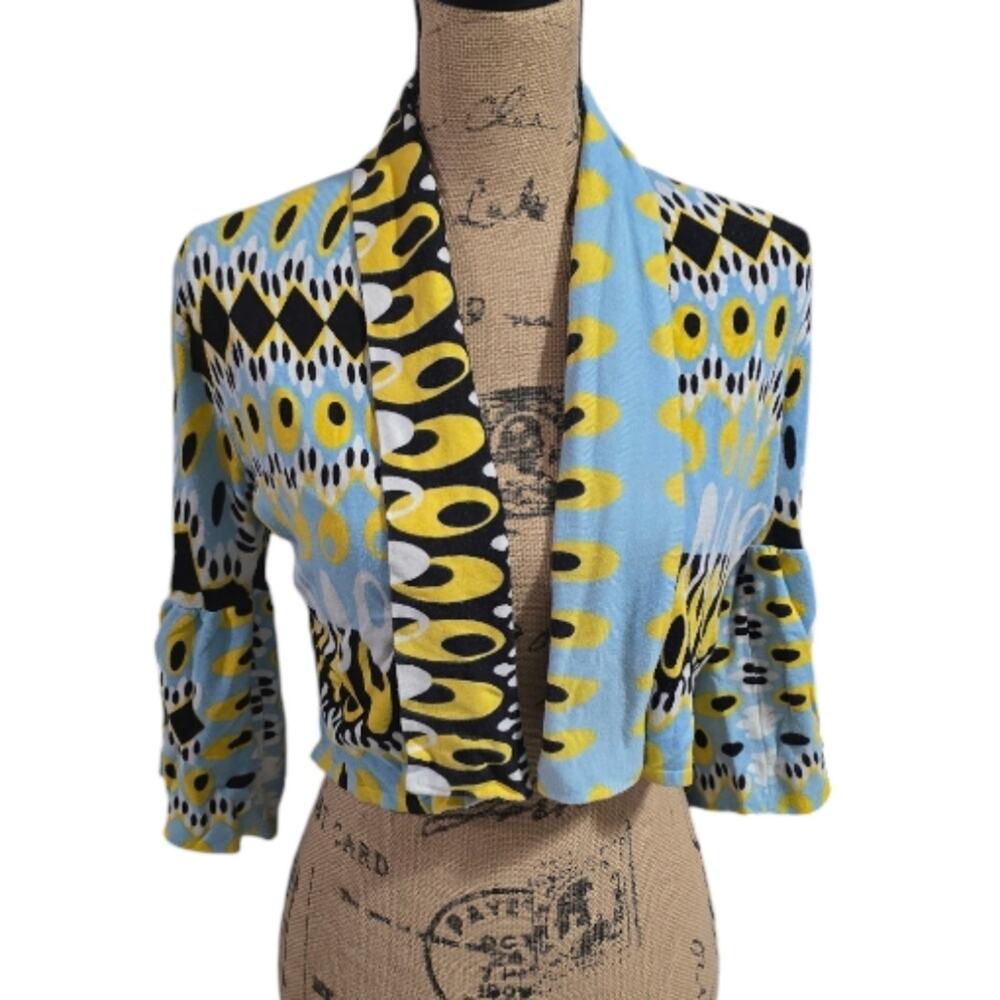 VENINI Women's Cropped Open Front Cardigan Yellow Blue Colorful Print 70s 60s